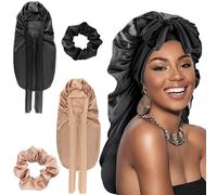 2 PCS Silk Bonnet for Sleeping, Protecting Hairstyle Soft Satin for Curly, Long Hair (Black + Champagne)
