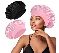 2 PCS Silk Bonnet Satin Bonnet for Sleeping, Hair Bonnet for Women Wide Soft Band Sleep Cap for Curly Hair (Black/Pink)