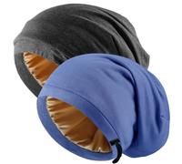 2 Pcs Silk Bonnet Satin Lined Hair Bonnet for Women Sleep Cap, Adjustable Curly Hair Head Scarf Night Caps, Black+blue, L