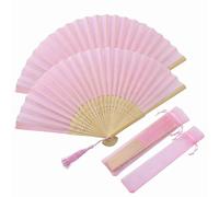 2 Pcs Silk Fabric Hand Fans 21cm Elegant Folding Fan for Girls Women Men Bamboo Handheld Fan with Tassel Portable Hollow Carved Bamboo Fan for Wedding Party Dance Home Decoration Cooling Gift (Pink)