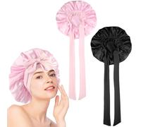 2 Pcs Silk Sleeping Bonnet with Tie Band, Adjustable Satin Hair Wrap for Women & Men, Comfortable Breathable Sleep Bonnets, Soft Elastic Night Shower Cap for Curly Hair and Braids (Pink and Black)