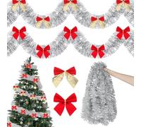 2 PCS Silver Tinsel Christmas Decorations with 50 Bows, 16M/52.41Feet Thick Christ mas Tinsel Garland For Christmas Tree Decorations, Metallic Silver Garland Tins el And Bows For Stairs Home