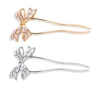 2 Pcs Simplicity U-Shaped Bow Hair Pins, Fashion French Style Hair Buns Zircon Hair Forks Metal 2 Prongs Hair Stick Twist Hair Tool Chignon Hair Pin for Women Styling Accessories(Gold, Silver)