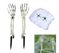 2 Pcs Skeleton Hands Halloween Decorations Set, Life-Size Realistic Skeleton Arms with Metal Stakes, 2 Fake Spiders & 20g Spider Web for Halloween Party Decoration, Outdoor Garden Lawn Graveyard Party