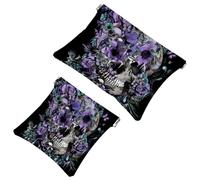 2 PCS Skull and Purple Flowers Pocket Cosmetic Bag, Self-Closing Shrapnel Makeup Pouch, Portable No Zipper Mini Travel Make Up Bag for Headphones Coin Lipstick Cosmetics Earphones Jewelry Organizer