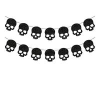 2 PCS Skull Garland Banner Black Skull Decor Banner Glitter Halloween Garland for Halloween Decorations Gothic Birthday Wedding Baby Shower Witch Party Decorations