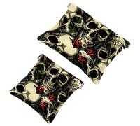 2 PCS Skulls with Red Roses Pocket Cosmetic Bag, Self-Closing Shrapnel Makeup Pouch, Portable No Zipper Mini Travel Make Up Bag for Headphones Coin Lipstick Cosmetics Earphones Jewelry Organizer