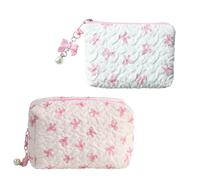 2 Pcs Small Makeup Bag for Handbag, Cute Bow Makeup Pouch with Pearl Pendant, Mini Quilted Cosmetic Bag for Women Girls, Pink Travel Makeup Bag for Handbag Organizer, Gift for Mom Sister Friends
