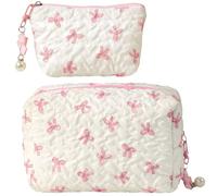 2 Pcs Small Makeup Bag for Handbag - Cute Coquette Make Up Bag, Mini Quilted Cosmetic Pouch, Pink Handbag Organizer, Small Travel Make Up Bags for Purse, Wide-Open Pouch Purse Travel Essentials