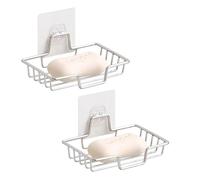 2 Pcs Soap Dish Holder - No Drilling Wall Mounted Soap Holder Soap Tray Bar Soap Sponge Holder for Bathroom & Kitchen, Square, Silver