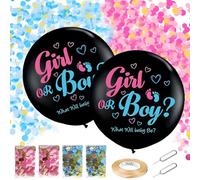 2 Pcs Soireeparty Gender Reveal Balloons Set- 2 Black Latex Confetti Balloon with Pink Blue Confetti, Ribbons and Pins for Baby Girl Boy Ideas Party Decorations