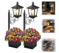 2 Pcs Solar Lamp Post Light with Planter, Metal Outdoor Post Light Waterproof IP65, 2-in-1 Lantern for Porch Garden Patio, 27.2" Decorative Floor Lamp with Flower Pot