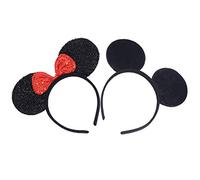 2 Pcs Solid Black Red Sequin Bow Mouse Ears Headbands for Birthday Halloween Parties Mum Boys Girls Hair Accessories Lovely Decorations (Solid Black Red Sequin)