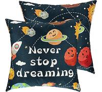 2 Pcs Space Cushion Cover Moon Star Planet Pillow Case Never Stop Dreaming Cushion Cover Solar System Outer Square Pillowcase Novelty Gift for Living Room Bedroom Accessories Sofa Chair, 45 x 45 cm