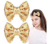 2 PCS Sparkling Gold Sequin Bow Hair Gold hair bows Clip Sparkly Bows for Girls Clip on Small Hairs Sequin Golden Bow Big Baby Clips Sparkling Tie Hairs Clips for Girls Women