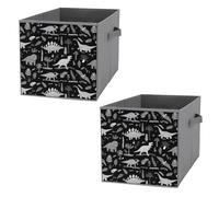 2 PCs Square Oxford Cloth Storage Basket Bin Foldable Organizer with Handles, Clothes Bucket Waterproof Laundry Hamper 10.6"x10.6"x10.6" Print Grey Funny Dinosaurs with Forest Palm Leaves on Black