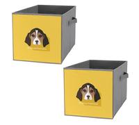 2 PCs Square Oxford Cloth Storage Basket Bin Foldable Organizer with Handles, Clothes Bucket Waterproof Laundry Hamper 10.6"x10.6"x10.6" Print American Foxhound Dog On Yellow