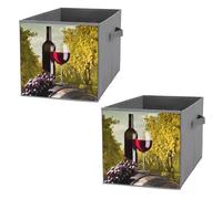 2 PCs Square Oxford Cloth Storage Basket Bin Foldable Organizer with Handles, Clothes Bucket Waterproof Laundry Hamper 10.6"x10.6"x10.6" Print Grapes Red Vine Glass Bottle with Vineyard in the Park