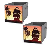 2 PCs Square Oxford Cloth Storage Basket Bin Foldable Organizer with Handles, Clothes Bucket Waterproof Laundry Hamper 10.6"x10.6"x10.6" Print Vintage Palm Trees Pirate Ship Silhouettes in the Ocean