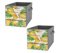 2 PCs Square Oxford Cloth Storage Basket Bin Foldable Organizer with Handles, Clothes Bucket Waterproof Laundry Hamper 10.6"x10.6"x10.6" Print Yellow Cashew Fruit With Green Leaves On Vintage Wood