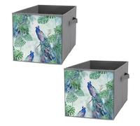 2 PCs Square Oxford Cloth Storage Basket Bin Foldable Organizer with Handles, Clothes Bucket Waterproof Laundry Hamper 10.6"x10.6"x10.6" Print Peacock With Beautiful Feathers Green Tropical Leaves