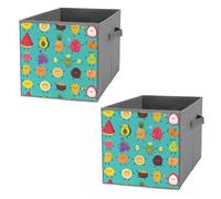 2 PCs Square Oxford Cloth Storage Basket Bin Foldable Organizer with Handles, Clothes Bucket Waterproof Laundry Hamper 10.6"x10.6"x10.6" Print Various Fruits Colorful On Green Avocado Pineapple