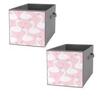 2 PCs Square Oxford Cloth Storage Basket Bin Foldable Organizer with Handles, Clothes Bucket Waterproof Laundry Hamper 10.6"x10.6"x10.6" Print Seamless White Swan Princess with Crowns on Pink Pattern