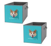 2 PCs Square Oxford Cloth Storage Basket Bin Foldable Organizer with Handles, Clothes Bucket Waterproof Laundry Hamper 10.6"x10.6"x10.6" Print Pembroke Welsh Corgi Dog On Turquoise