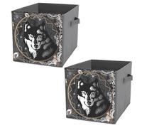 2 PCs Square PU Leather Storage Basket Bin Foldable Organizer with Handles, Clothes Bucket Waterproof Laundry Hamper 10.6"x10.6"x10.6" Print Black White Wolf in Dreamcatcher on Dark Grey Background