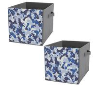 2 PCs Square PU Leather Storage Basket Bin Foldable Organizer with Handles, Clothes Bucket Waterproof Laundry Hamper 10.6"x10.6"x10.6" Print Seamless Blue Black Grey Urban Horizontal Camouflage Camo