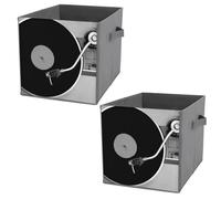 2 PCs Square PU Leather Storage Basket Bin Foldable Organizer with Handles, Clothes Bucket Waterproof Laundry Hamper 10.6"x10.6"x10.6" Print Vinyl Record on a Turntable Record Player Black White