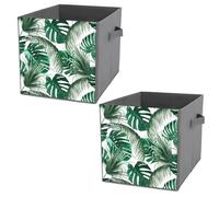 2 PCs Square PU Leather Storage Basket Bin Foldable Organizer with Handles, Clothes Bucket Waterproof Laundry Hamper 10.6"x10.6"x10.6" Print Green Tropical Palm leaves, Seamless Jungle Leaves on White