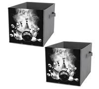 2 PCs Square PU Leather Storage Basket Bin Foldable Organizer with Handles, Clothes Bucket Waterproof Laundry Hamper 10.6"x10.6"x10.6" Print Bowling Ball Crashing into The Pins with Smoke