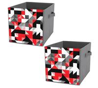 2 PCs Square PU Leather Storage Basket Bin Foldable Organizer with Handles, Clothes Bucket Waterproof Laundry Hamper 10.6"x10.6"x10.6" Print Seamless Triangles Geometric Shapes Black Red White Grey