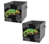 2 PCs Square PU Leather Storage Basket Bin Foldable Organizer with Handles, Clothes Bucket Waterproof Laundry Hamper 10.6"x10.6"x10.6" Print Embroidery Green Chameleon On Trunk Leaves On Black