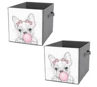 2 PCs Square PU Leather Storage Basket Bin Foldable Organizer with Handles, Clothes Bucket Waterproof Laundry Hamper 10.6"x10.6"x10.6" Print Cute French Bulldog Puppy Dog with Pink Gum