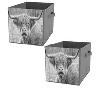 2 PCs Square PU Leather Storage Basket Bin Foldable Organizer with Handles, Clothes Bucket Waterproof Laundry Hamper 10.6"x10.6"x10.6" Print Grey Highland Cow Black White Vintage Retro Style