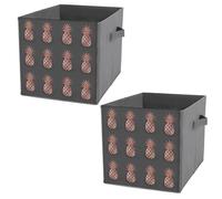 2 PCs Square PU Leather Storage Basket Bin Foldable Organizer with Handles, Clothes Bucket Waterproof Laundry Hamper 10.6"x10.6"x10.6" Print Gold Glittering Rose Pineapple Glossy Exotic Fruit