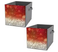 2 PCs Square PU Leather Storage Basket Bin Foldable Organizer with Handles, Clothes Bucket Waterproof Laundry Hamper 10.6"x10.6"x10.6" Print White Christmas Glowing Backdrop Blinking Stars Blur