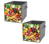 2 PCs Square PU Leather Storage Basket Bin Foldable Organizer with Handles, Clothes Bucket Waterproof Laundry Hamper 10.6"x10.6"x10.6" Print Colorful Assortment of Fresh Fruits and Vegetables Texture