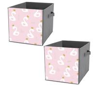 2 PCs Square PU Leather Storage Basket Bin Foldable Organizer with Handles, Clothes Bucket Waterproof Laundry Hamper 10.6"x10.6"x10.6" Print White Cute Swan Princess with Golden Glitter Crown on Pink