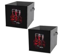 2 PCs Square PU Leather Storage Basket Bin Foldable Organizer with Handles, Clothes Bucket Waterproof Laundry Hamper 10.6"x10.6"x10.6" Print Two Glasses of Red Wine with Red Rose on Dark