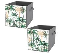 2 PCs Square PU Leather Storage Basket Bin Foldable Organizer with Handles, Clothes Bucket Waterproof Laundry Hamper 10.6"x10.6"x10.6" Print Green Gold Palm Trees Seamless On White
