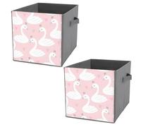 2 PCs Square PU Leather Storage Basket Bin Foldable Organizer with Handles, Clothes Bucket Waterproof Laundry Hamper 10.6"x10.6"x10.6" Print Seamless White Swan Princess with Crowns on Pink Pattern