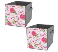 2 PCs Square PU Leather Storage Basket Bin Foldable Organizer with Handles, Clothes Bucket Waterproof Laundry Hamper 10.6"x10.6"x10.6" Print Seamless White Purple Green Dragon Fruits Slices on Pink