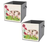 2 PCs Square PU Leather Storage Basket Bin Foldable Organizer with Handles, Clothes Bucket Waterproof Laundry Hamper 10.6"x10.6"x10.6" Print Pig Piglet Piggy Red Poppies Green meadow Yellow Flowers
