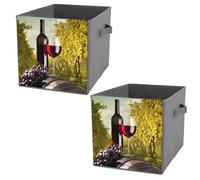 2 PCs Square PU Leather Storage Basket Bin Foldable Organizer with Handles, Clothes Bucket Waterproof Laundry Hamper 10.6"x10.6"x10.6" Print Grapes Red Vine Glass Bottle with Vineyard in the Park