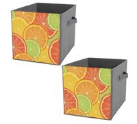 2 PCs Square PU Leather Storage Basket Bin Foldable Organizer with Handles, Clothes Bucket Waterproof Laundry Hamper 10.6"x10.6"x10.6" Print Lemon Orange Citrus Fruit Slices Red Green Yellow Pattern