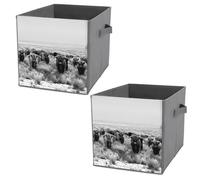 2 PCs Square PU Leather Storage Basket Bin Foldable Organizer with Handles, Clothes Bucket Waterproof Laundry Hamper 10.6"x10.6"x10.6" Print Retro Black Scottish Highland Crowd Natural White Winter