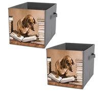 2 PCs Square PU Leather Storage Basket Bin Foldable Organizer with Handles, Clothes Bucket Waterproof Laundry Hamper 10.6"x10.6"x10.6" Print Brown Dachshund Dog with Sunglasses Reading Books
